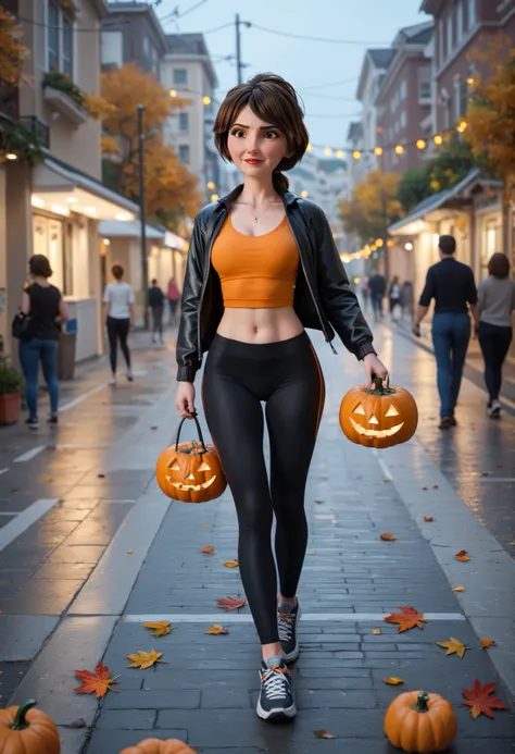 I miss that  "Big Hero 6", short hair,    The woman wears a modern sports outfit with black leggings and orange compression top with gray details. She is running along an urban path decorated with pumpkins, dry leaves and orange Halloween lights, under cle...