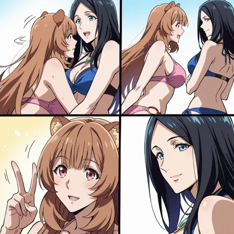 Two women from The Rising of the Shield Hero, Sadeena and Raphtalia, enjoy a sunny tropical beach. Raphtalia, with her long orange hair, red eyes, and pink bikini, poses happily, making the peace sign. Beside her, Sadeena, in a blue bikini, sports long bla...