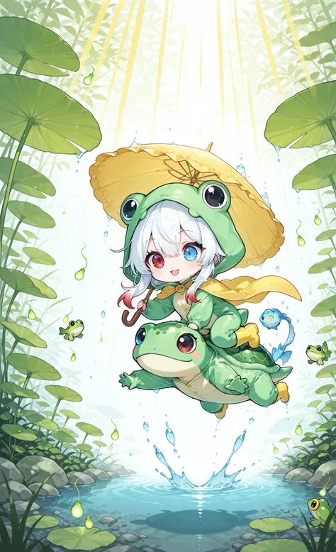 Melys Chibi, masterpiece, best quality, ultra-detailed:1.3, chibi style, dynamic action scene, 1girl, solo, pure white hair with soft gradient red tips, heterochromia crimson red right eye:1.3 and ice blue left eye:1.3, fair skin, wearing bright green frog...