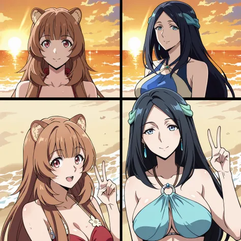 Two women from The Rising of the Shield Hero, Sadeena and Raphtalia, enjoy a sunny tropical beach. Raphtalia, with her long orange hair, red eyes, red bikini, and ample bust, poses happily, making the peace sign. Beside her, Sadeena, in a blue bikini and a...