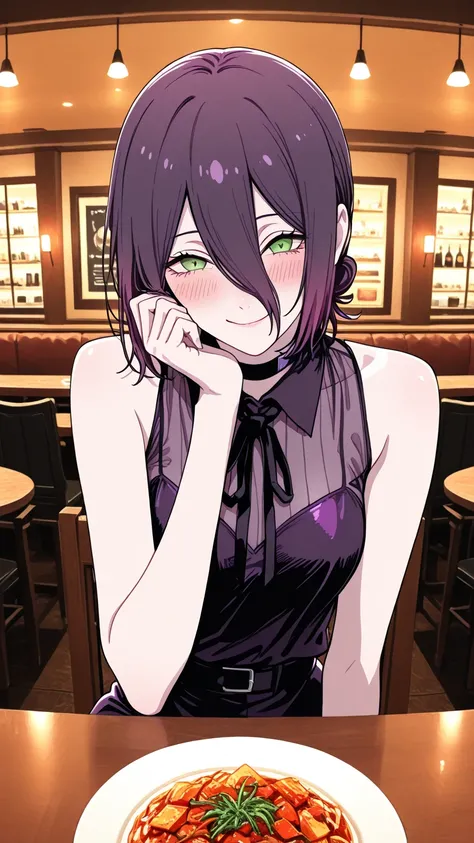 ultra high definition,1girl,reze,A bewitching woman sitting at a table in a restaurant,naughty face,Smile,Blush,fascinated expression,Blush,Wear a see-through dress,head rest,Vibrant French Food Lined On Clean Tablecloths,Finest Hotel Dinner,mysterious sight, A fantastic atmosphere like being on the border between reality and fantasy,Mysterious Beauty,Extreme High Angle,is embarrassing