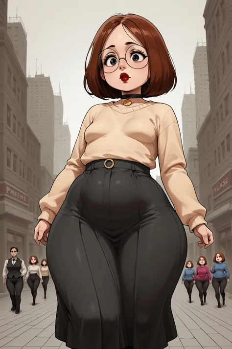 Meg Griffin. brown hair. medium hair . black eyes . small breasts, huge hips . chubby. choker. red lips. | Please faithfully reproduce the famous scene from Mission Impossible、Please faithfully reproduce the scene where Tom Cruise is fleeing from the bombi...