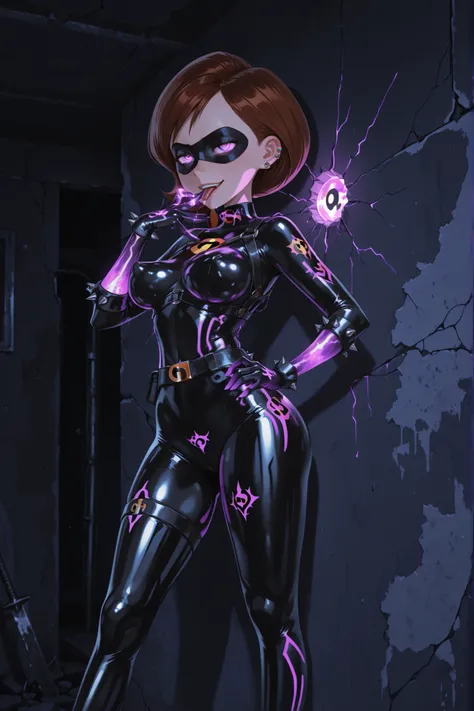 Helen Parr, Elastigirl. Brown hair. Black eye mask. Spiky piercings. Sarcastic smile. Glossy. Black costume. Leather bodysuit. Spiked accessories. Metal armor. Leather harness. Purple glowing line. Latex gloves. Cartoon body. Perky breasts. Large waist. De...
