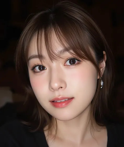The image is a close-up photograph of a young Asian woman with a fair complexion. Her face dominates the frame, occupying the majority of the image, with her eyes, nose, and lips prominently visible. She has large, almond-shaped eyes with long, thick eyela...
