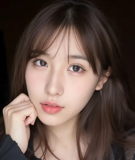 The image is a close-up photograph of a young Asian woman with a fair complexion. Her face dominates the frame, occupying the majority of the image, with her eyes, nose, and lips prominently visible. She has large, almond-shaped eyes with long, thick eyela...