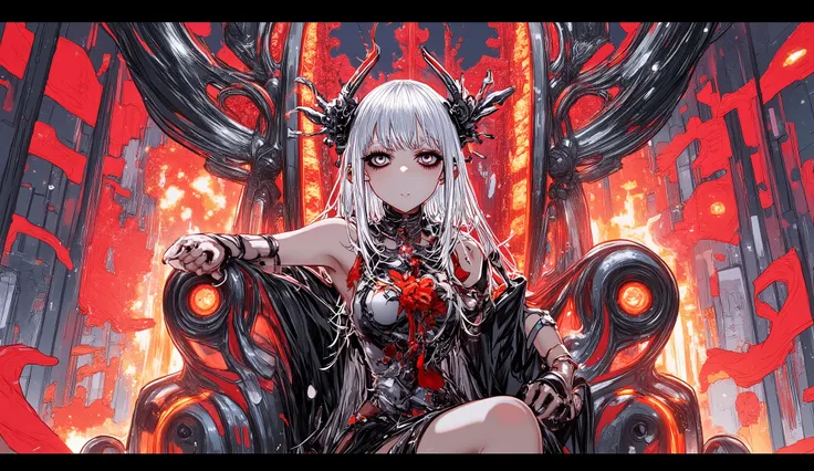 Anime-style portrait of a beautiful female oni sitting on a dark obsidian throne surrounded by fire and crimson mist.
She has long white hair, glowing red eyes, and elegant black and red armor with intricate patterns.
Two curved horns rise from her head.
H...
