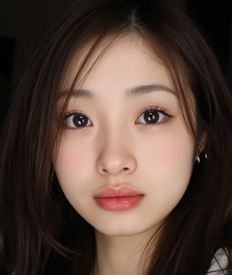 The image is a close-up photograph of a young Asian woman with a fair complexion. Her face dominates the frame, occupying the majority of the image, with her eyes, nose, and lips prominently visible. She has large, almond-shaped eyes with long, thick eyela...