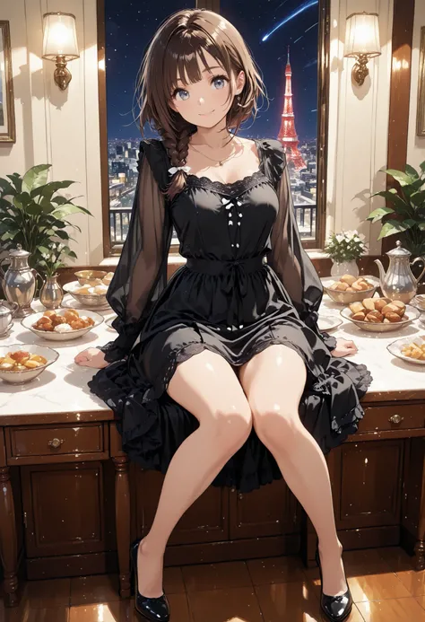 THE BEST DINNER、Super fine restaurant、skyscrapers、top floor、Night view、see Tokyo Tower、meteor、空から降り注ぐmeteor、無数のmeteor群、Luxury Decor、antique、Beautiful girl、cute expression、Full Body、dark haired、black dress、dishes arranged on the table、course meals、Full cour...