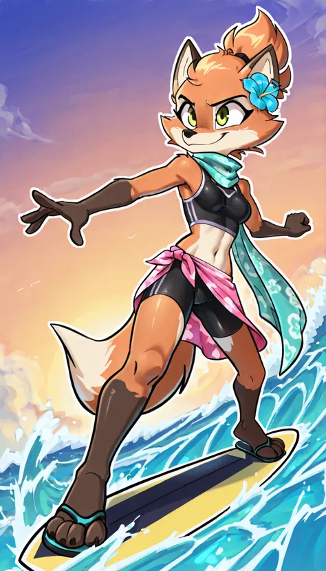 score_9, score_8_up, score_7_up, 1girl, source furry, absurdres, masterpiece, best quality, amazing quality, siroc, solo, dynamic angle, fleetfox, furry, fox, orange fur, green eyes, female, short hair, spiky pointed bangs tuft, ((fleetSummer, black tankin...