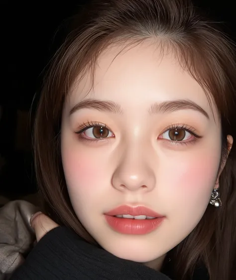 The image is a close-up photograph of a young Asian woman with a fair complexion. Her face dominates the frame, occupying the majority of the image, with her eyes, nose, and lips prominently visible. She has large, almond-shaped eyes with long, thick eyela...