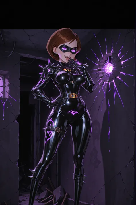 Helen Parr, Elastigirl. Brown hair. Black eye mask. Spiky piercings. Sarcastic smile. Glossy. Black costume. Leather bodysuit. Spiked accessories. Metal armor. Leather harness. Purple glowing line. Latex gloves. Cartoon body. Perky breasts. Large waist. De...