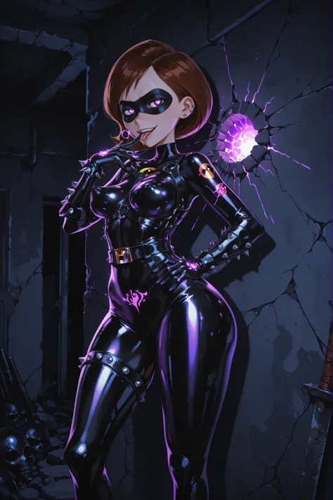 Helen Parr, Elastigirl. Brown hair. Black eye mask. Spiky piercings. Sarcastic smile. Glossy. Black costume. Leather bodysuit. Spiked accessories. Metal armor. Leather harness. Purple glowing line. Latex gloves. Cartoon body. Perky breasts. Large waist. De...