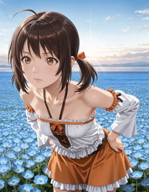 (1girl, solo:1.3),hand on own hips, masterpiece,best quality,amazing quality, (((1girl, solo,suzu taniguchi, brown hair, black hair, twintails, brown eyes, ahoge, anime screencap bare shoulders, collarbone, frills, detached sleeves, orange skirt, miniskirt...