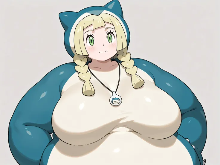 Female snorlax, blue body, eyes closed, claws, Helpful tags are : fat, pokémon (creature), aalillie, long hair, blonde hair, twin braids, green eyes, bulky massive, very giant body, big boobs, thick arms, 