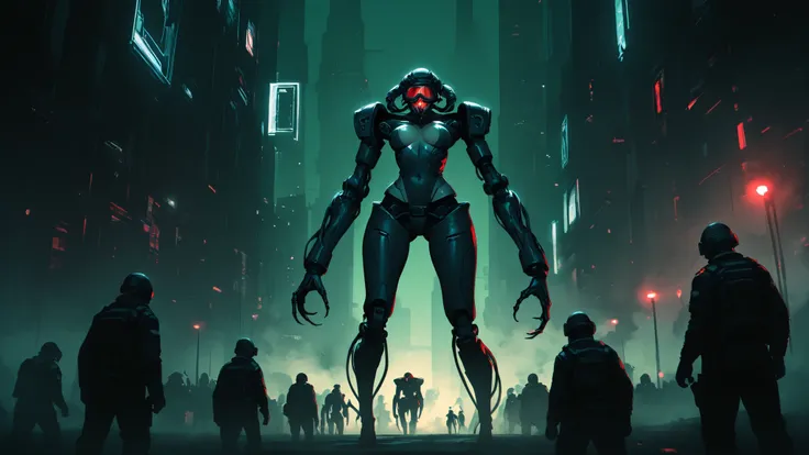 nakedgirl,grotesque,low-angle view of a towering mechanical ant at night, its glowing eyes casting an eerie light, insectoid cybernetic design with articulated limbs and mandibles, surrounded by futuristic soldiers wearing night vision goggles and tactical...