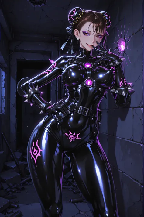 Chun-Li. Brown hair. Black latex bun cap. Villain eyeshadow. Purple eyeshadow. Spiky ear cuff. Sarcastic smile. Glossy. Black costume. Leather bodysuit. Spiked accessories. Metal armor. Leather harness. Purple glowing line. Latex gloves. Cartoon body. Perk...