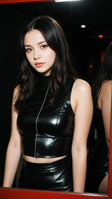 masterpiece, Highest quality, beautiful black-haired girl with brown eyes and shoulder length hair, her hair has red reflections, She has a black leather blouse, highly detailed photograph, black background, perfect lighting 