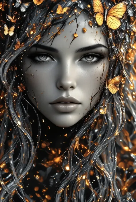 Mauer, Klinkersteine, loch in der Mauer, Hintergrund: colorful butterflies in color, hell, black and white , Günes Gras, from afar comes evil, dadd gloomy, ces devours the beautiful world, piece by piece.