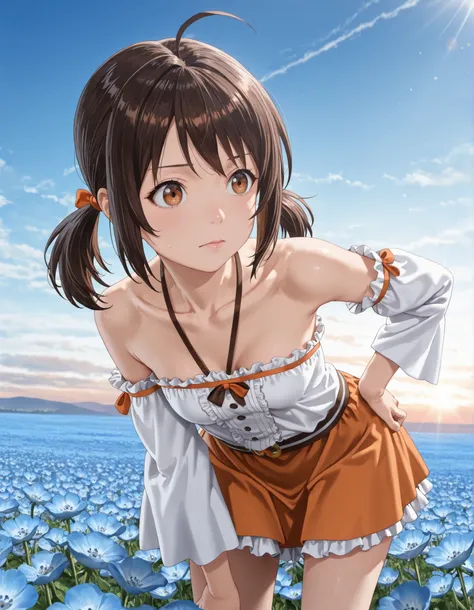 (1girl, solo:1.3),hand on own hips, masterpiece,best quality,amazing quality, (((1girl, solo,suzu taniguchi, brown hair, black hair, twintails, brown eyes, ahoge, anime screencap bare shoulders, collarbone, frills, detached sleeves, orange skirt, miniskirt...