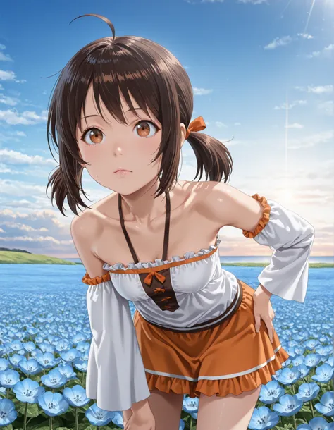 (1girl, solo:1.3),hand on own hips, masterpiece,best quality,amazing quality, (((1girl, solo,suzu taniguchi, brown hair, black hair, twintails, brown eyes, ahoge, anime screencap bare shoulders, collarbone, frills, detached sleeves, orange skirt, miniskirt...