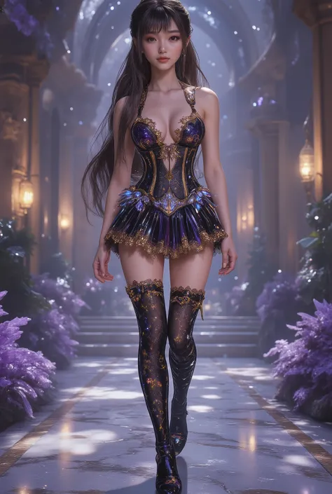 Long shot, full body foto, hyper detail, hyper detail clothing texture, 17 year old young Asian girl with cute face with a sweet appearance and fair skin, a tall, oily body, a slim and small stomach, a wide waist, long and sexy muscular legs, and large bre...