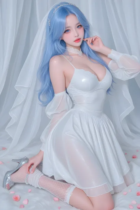 A white girl with blue hair，in a dress，Full breasts ，Glossy white mesh socks with pedals，show details。