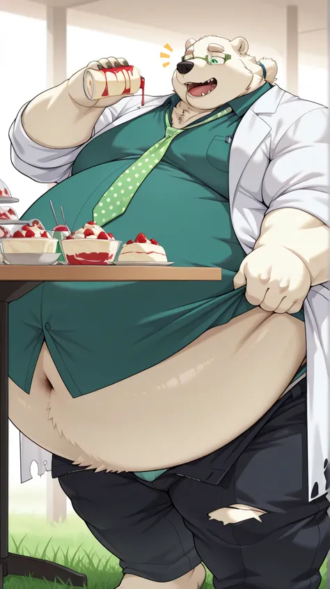 masterpiece,((no text)),best quality, amazing quality, 1boy, solo, leib,green glasses, polar bear muscular male,by lucusold,fat,Morbidly-Obese, obese, hyper belly:1.5, hyper Belly inflation,hyper belly overhang to knee,Torn clothes,(Lab coat, grass green n...