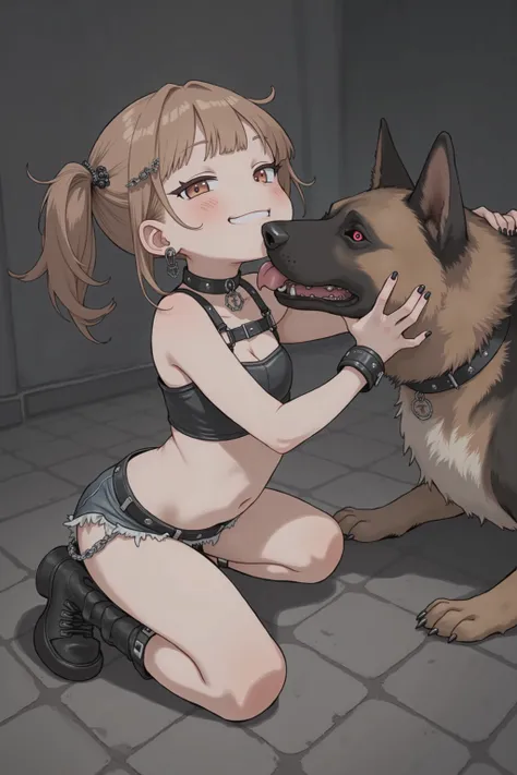 braces on teeth,1girl, solo, loli:1.9, punk, smirk, tongue out, skimpy, revealing, kneeling in front of massive german shepherd, girl sitting on dogs face, huge dog licking girls chest, oral
