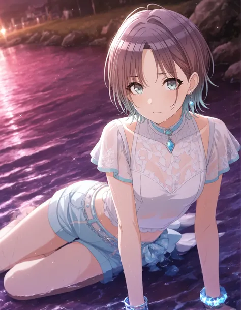 masterpiece,best quality, good quality, dark ,outdoors, ruin, ((cinematic light)) shanimas, source_anime,asakura toru, short hair, brown hair, blue hair, blue eyes, ,from above, 1girl, solo, looking at viewer, ahoge, bracelet, earrings, (white shirt, lig...