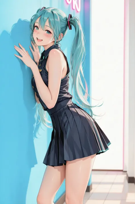 1 Girl, Neon Light Backdrop:1.4, solo, ((smile, Blush:1.4, open your mouth)), lean against the wall, Hatsune Miku, ((sleeveless costume , Pleated Mini Skirt, thighs, Beautiful skin:1.2)), 4 fingers, ((standing)), bend your knees:1.6, Notice the light and s...
