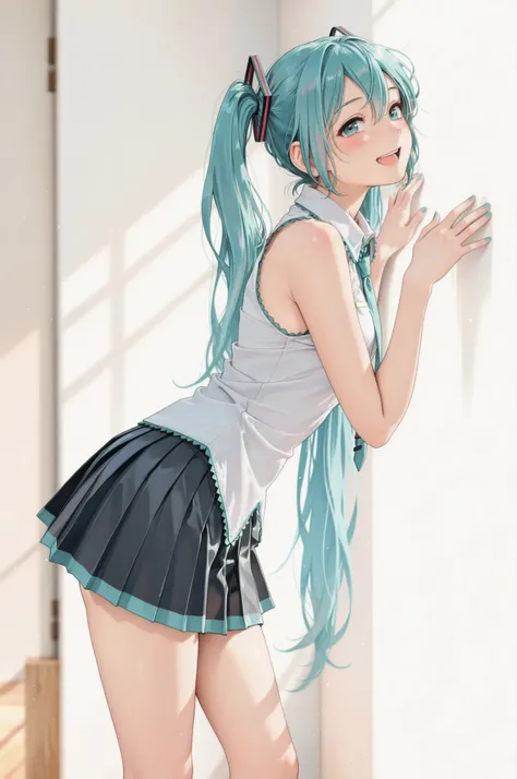 1 Girl, Neon Light Backdrop:1.4, solo, ((smile, Blush:1.4, open your mouth)), lean against the wall, Hatsune Miku, ((sleeveless costume , Pleated Mini Skirt, thighs, Beautiful skin:1.2)), 4 fingers, ((standing)), bend your knees:1.6, Notice the light and s...