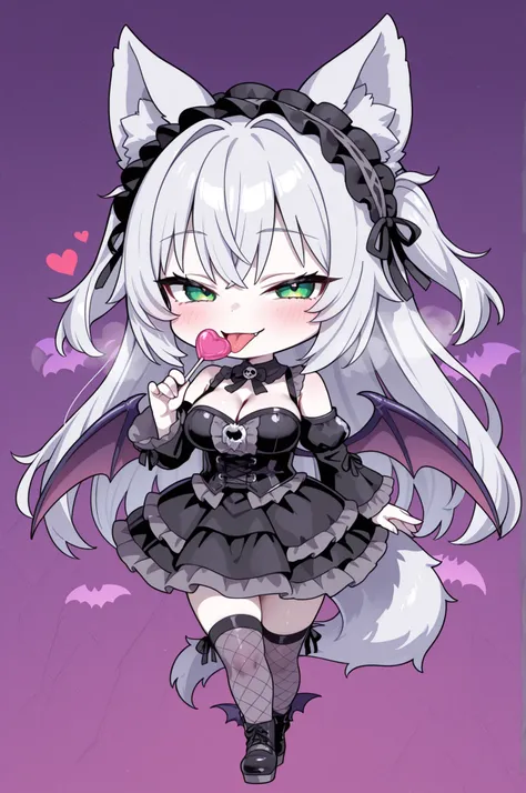 detailed big green eyes, silver long hair, big bat winged, gothic lolita, breasts, big wolf ear girl, mesugaki, pale skin, solo, Halloween, dynamic sexy erotic pose, seductive smile, blush, in heat, holding lollipop, licking lollipop, full body, chibi, 2.5...