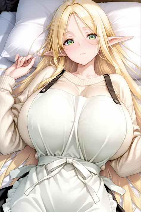 1 girl, very long hair, blond hair, green eyes, giant breasts, elf, long ears, casual clothes, sweater, apron, lying on bed, blushing, looking at viewer,