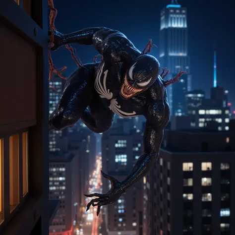 high-quality photorealistic concept art,detailed image of the villain venom,crawling across the building,night city below,bright lights of the night sky and city,high definition,incredibly detailed,detailed drawing,surreal tone,is professional,glowing real...