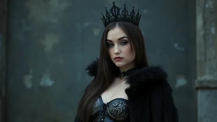 8k hyper realistic, cinematic, dslr, a blend of sharon stone, halle berry, kristanna loken, margot robbie, as the gothic warrior queen stands victorious, her raven tresses loose beneath the black crown, fair skin contrasting with piercing blue eyes that b...