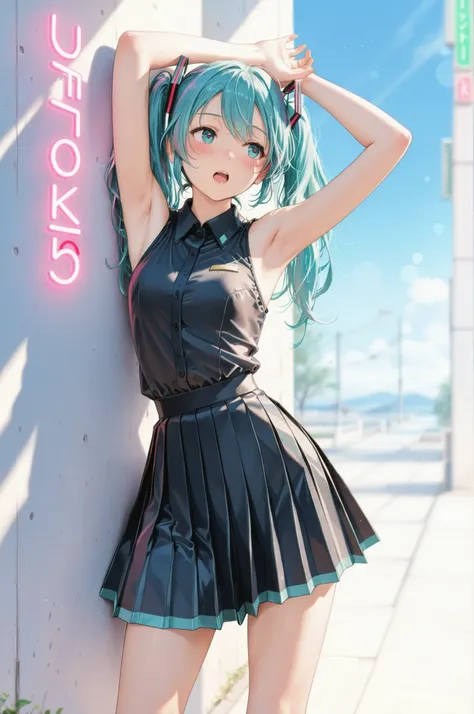 1 Girl, Neon Light Backdrop:1.4, solo, ((Blush:1.4, open your mouth)), lean against the wall, Hatsune Miku, ((Armpits, sleeveless costume , Pleated Mini Skirt, thighs, Beautiful skin:1.2)), 4 fingers, ((standing)), bend your knees:1.6, Notice the light and...