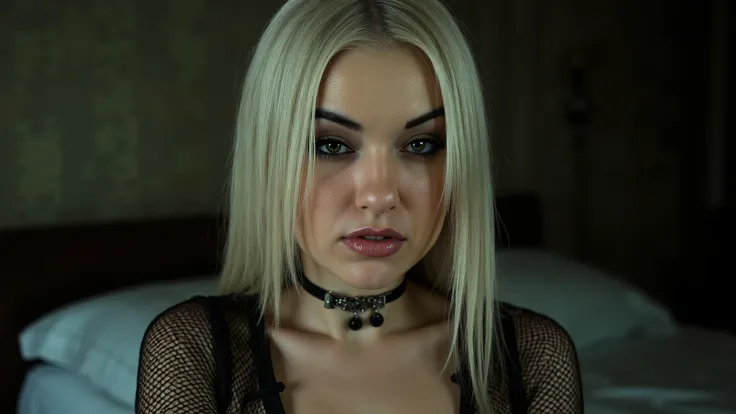 photorealistic, dark, erotic, sensual, female mid thirties, white hair, green eyes, fishnet, new rock boots, seductive, very long hair, perfect hands, perfect eyes, choker