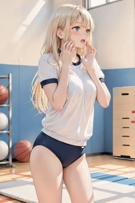 1 Girl, Background of the gym storehouse:1.4, solo, ((Blush:1.4, open your mouth)), Blonde, Long Hair , ((thighsに手を当てる, Gym Clothes, buruma, thighs, Beautiful skin:1.2)), 4 fingers, ((standing)), jump box, gymnastic mat, ball, Dim warehouse interior scen...