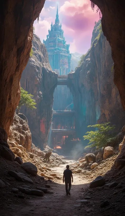 high-definition images、カイラス山の地下にある、シャンバラ in the Underworld、Explore、Ethan Hunt、Beautiful futuristic buildings in the seven-color sky、恐竜も歩き回る