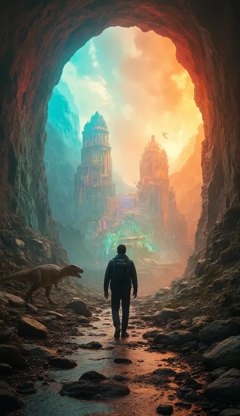 high-definition images、カイラス山の地下にある、シャンバラ in the Underworld、Explore、Ethan Hunt、Beautiful futuristic buildings in the seven-color sky、恐竜も歩き回る