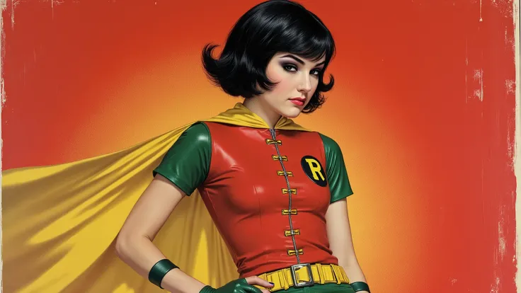 Vintage pinup girl poster featuring Batman’s sidekick Robin, reimagined as a 17 year old teenage girl, with short black hair, in a fierce and pose while emphasizing her beautiful figure, with a feminine version of the Robin’s iconic costume unzipped to he...