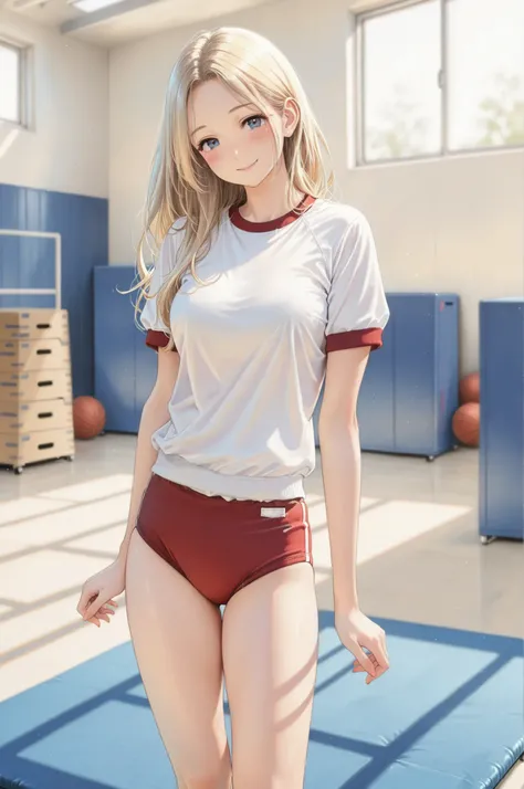 1 Girl, Background of the gym storehouse:1.4, solo, ((Blush:1.4, smile)), Blonde, Long Hair , ((thighsに手を当てる, Gym Clothes, buruma, thighs, Beautiful skin:1.2)), 4 fingers, ((standing)), jump box, gymnastic mat, ball, Dim warehouse interior scenery, Notic...