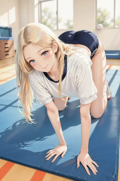 1 Girl, Background of the gym storehouse:1.4, solo, ((Blush:1.4, smile)), Blonde, Long Hair , ((on all fours, Gym Clothes, buruma, thighs, Beautiful skin:1.2)), 4 fingers, jump box, gymnastic mat, ball, Dim warehouse interior scenery, Pay attention to li...
