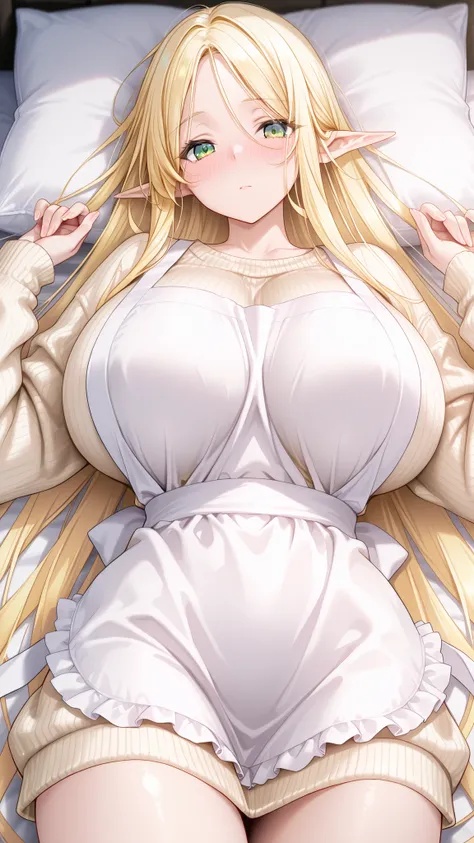 1 girl, elf, blonde, very long hair, green eyes, giant breasts, casual clothes, sweater, apron, looking at viewer, looking at viewer, blushing, lying on bed, highres