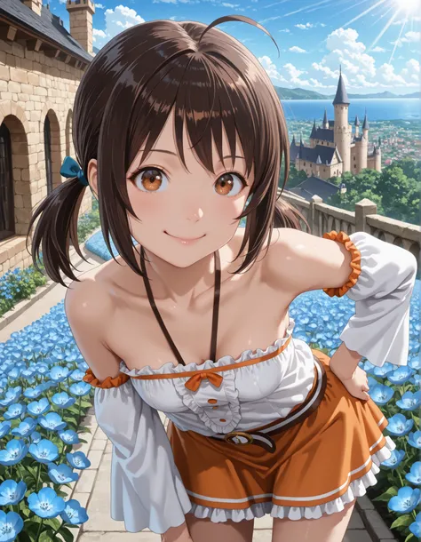 (1girl, solo:1.3),hand on own hips, masterpiece,best quality,amazing quality, (((1girl, solo,suzu taniguchi, brown hair, black hair, twintails, brown eyes, ahoge, anime screencap bare shoulders, collarbone, frills, detached sleeves, orange skirt, miniskirt...