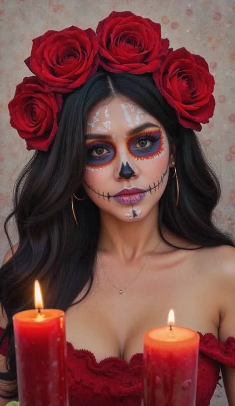 an oil painting in the style of WLOP of a woman with sugar skull paint on her face with white paint likely skeletone head bone and candles holding, in the style of realistic fantasy artwork, digital airbrushing, tanya shatseva, contrasting lights and d...