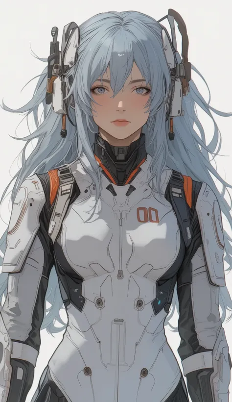 A character is depicted with voluminous light blue hair, adorned with white and brown straps that appear to serve as accessories or a part of a headpiece. The attire is a futuristic body suit, predominantly white with black lining and orange accents on the...