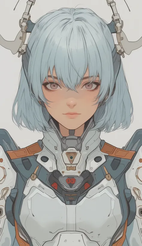 A character is depicted with voluminous light blue hair, adorned with white and brown straps that appear to serve as accessories or a part of a headpiece. The attire is a futuristic body suit, predominantly white with black lining and orange accents on the...