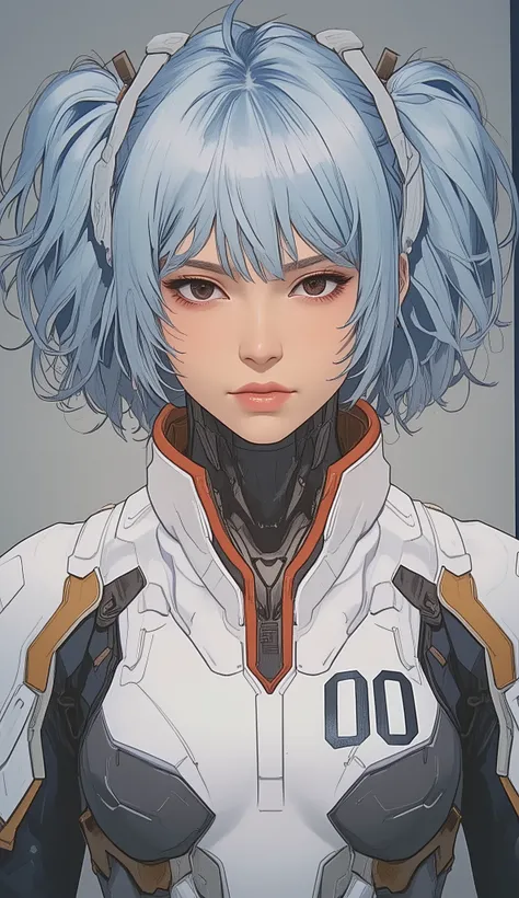 A character is depicted with voluminous light blue hair, adorned with white and brown straps that appear to serve as accessories or a part of a headpiece. The attire is a futuristic body suit, predominantly white with black lining and orange accents on the...