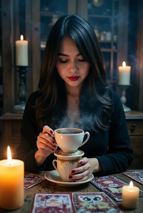 A mystical stunninf female fortune teller at a wooden table, reading Turkish dark coffee residue ,in coffee cup . Tarot cards scattered nearby, glowing candles casting flickering light. White-eyed seer gazes into the cup, mysterious smoke and ethereal mist...